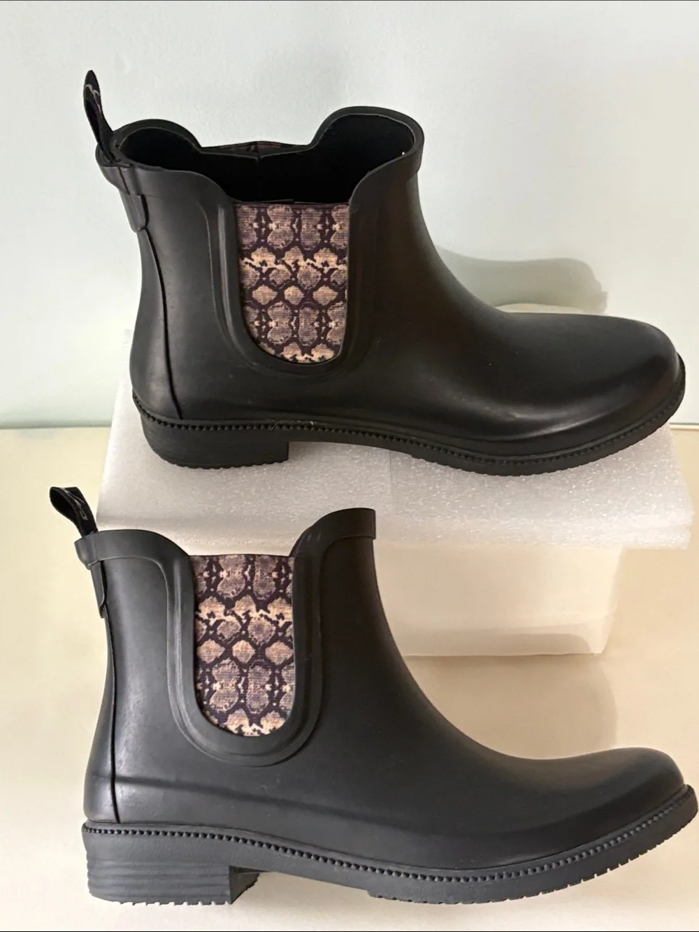 Joules Rutland Matte Black Chelsea Rain Boots with Snakeskin Patterned Inserts